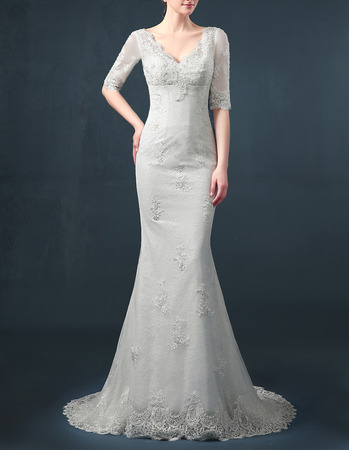 Affordable Elegant Sheath V-Neck Organza Wedding Dress with Half Sleeves