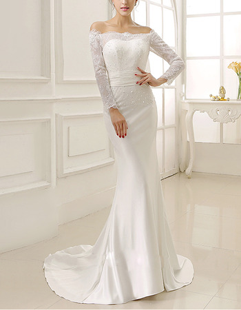 Elegant Modern Sheath Off-the-shoulder Satin Wedding Dress with Long Sleeves