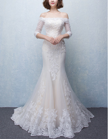 Sexy Romantic Trumpet Off-the-shoulder Wedding Dress with 3/4 Long Sleeves