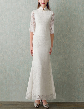 Modest Mandarin Collar Maxi Lace Bridal Wedding Dress with Half Lace Sleeves