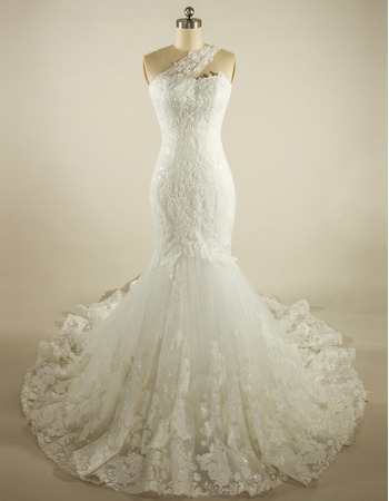 Affordable Gorgeous Mermaid One Shoulder Chapel Train Lace Wedding Dress