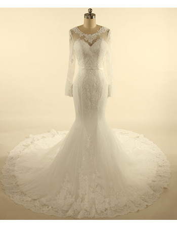 Custom Classy Trumpet Court Train Tulle Wedding Dress with Long Sleeves