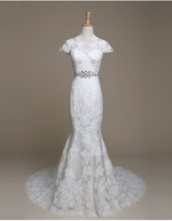 Fitted Elegant Sheath Sweep Train Lace Wedding Dress with Cap Sleeves