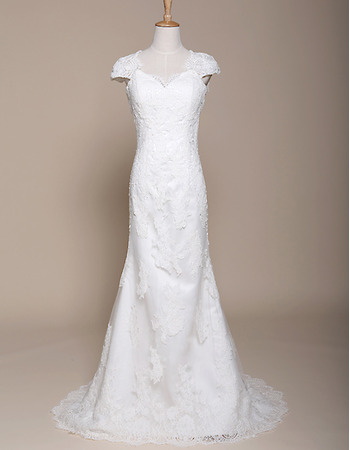 Classic Elegant Sheath Sweep Train Satin Wedding Dress with Cap Sleeves