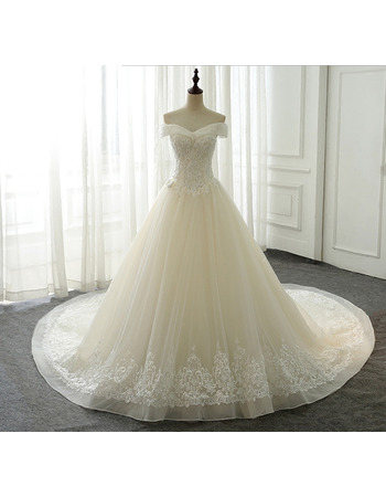 Inexpensive Gorgeous Off-the-shoulder Chapel Train Bridal Wedding Dress