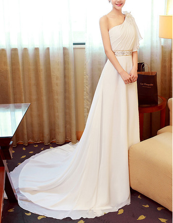 Beautiful Belt Bandage One Shoulder Long Chiffon Asymmetric Wedding Dress