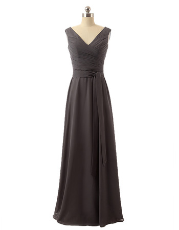 Inexpensive Modest V-Neck Full Length Chiffon Bridesmaid Dress