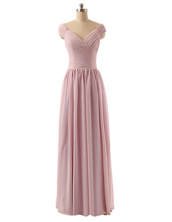 Modest V-Neck Cap Sleeves Floor Length Chiffon Bridesmaid Dress