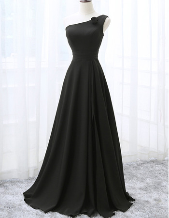 Best Style One Shoulder Floor Length Black Bridesmaid Dress