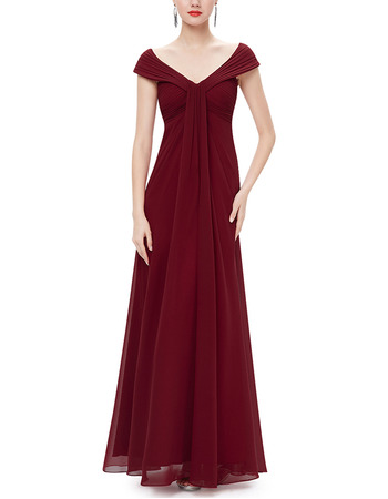 Modest V-Neck Full Length Chiffon Bridesmaid Dress with Cap Sleeves