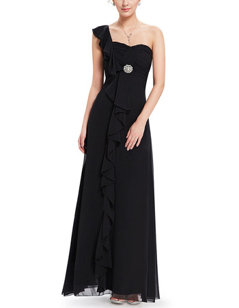 Stylish One Shoulder Black Long Chiffon Summer Bridesmaid Dress