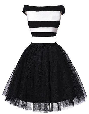Modern Off-the-shoulder Organza Stripes White and Black Two-Piece Cocktail Dress
