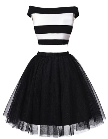 Modern Off-the-shoulder Organza Stripes White and Black Two-Piece Cocktail Dress