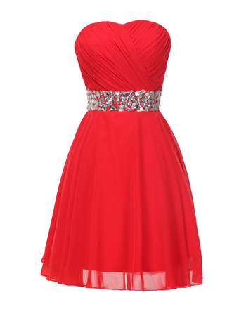 Simple Sweetheart Chiffon Lace-Up Red Cocktail Party Dress with Rhinestone