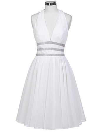 Simple Halter V-Neck Sleeveless Short White Chiffon Cocktail Party Dress