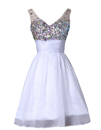 Simple V-Neck Short Organza Satin Rhinestone White Sequin Cocktail Dress