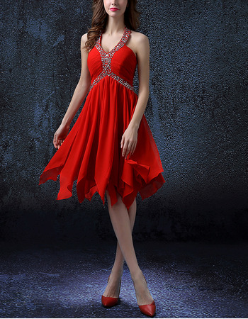 Empire Halter Sleeveless Short Red Chiffon Sequin Cocktail Party Dress