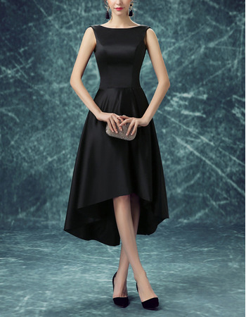 Classic Bateau Sleeveless High-Low Satin Black Cocktail Party Dress