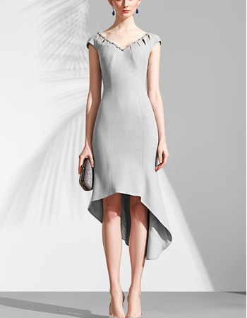 Midi Style V-Neck High-Low Asymmetric Cocktail Party Dress