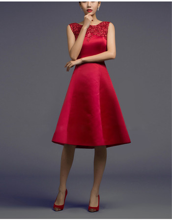 Classic Simple A-Line Knee Length Red Satin Embroidery Midi Cocktail Party Dress