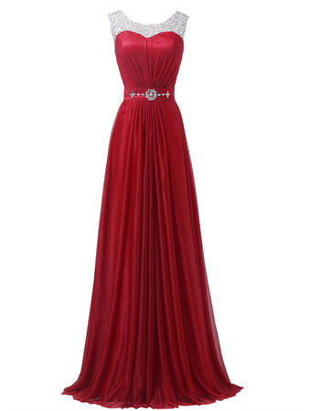 Elegant Full Length Red Satin Rhinestone Formal Evening Dress
