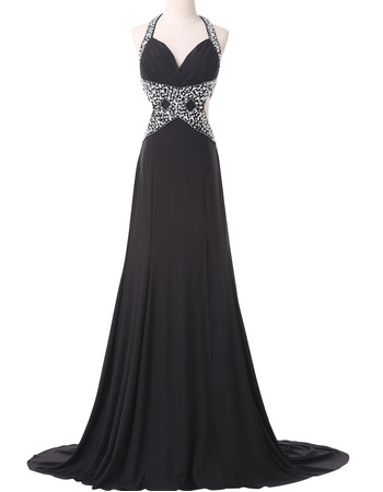 Affordable Halter Sweetheart Backless Black Chiffon Prom Evening Dress