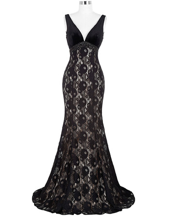Mermaid V-Neck Long Lace Black Formal Evening Dress