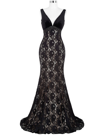 Mermaid V-Neck Long Lace Black Formal Evening Dress