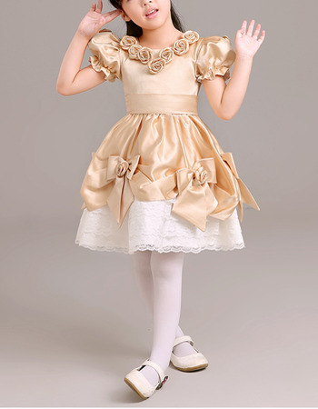 Inexpensive Adorable Short Taffeta Lace Flower Girl/ Pageant Dress with Bubble Sleeves