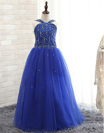 Pretty Ball Gown Floor Length Sequin Blue Little Girls Party Dress