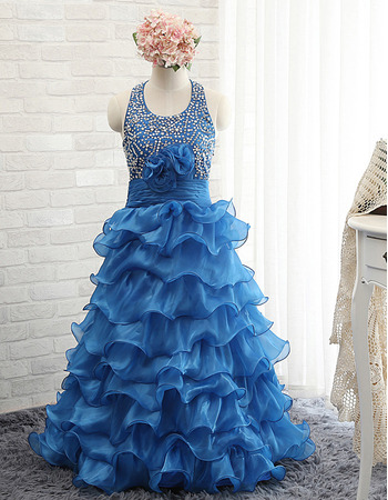 Girls Beautiful Halter Rhinestone Layered Skirt Blue Little Girls Party/ Pageant Dress