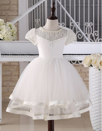 Pretty Ball Gown Knee Length First Communion Dress with Short Sleeves