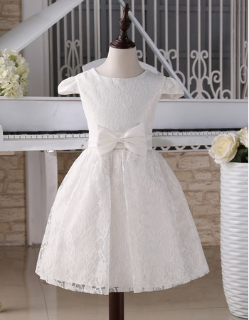 Adorable Girls Knee Length Lace White First Communion Dress with Cap Sleeves