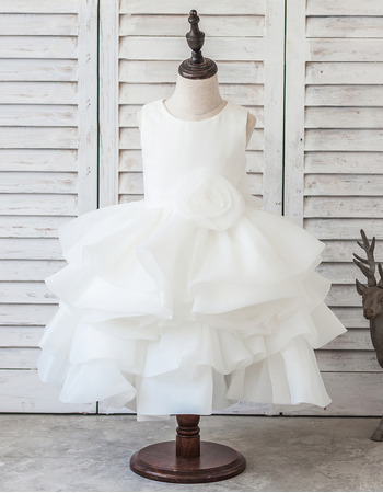 Pretty Tea Length Satin Organza Bubble Skirt White Flower Girl Dress