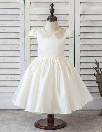 Adorable Ball Gown Short Satin Flower Girl Dress with Cap Sleeves