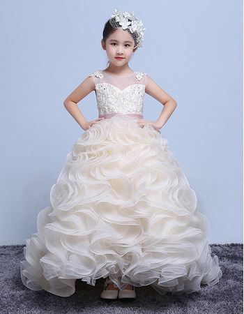 Stunning Sweep Train Ruffle Skirt Flower Girl Dress with Belts