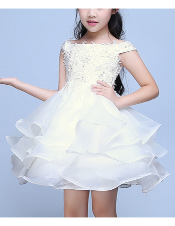 Affordable Cute A-Line Off-the-shoulder Short Organza Tutu Flower Girl Dress