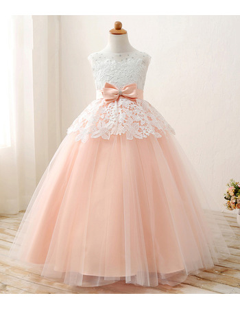 Beautiful Ball Gown Long Lace Organza Satin Little Girls Party Dress