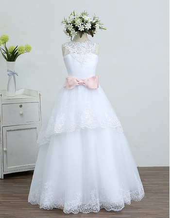 Lovely A-Line Long Organza White Flower Girl/ First Communion Dress