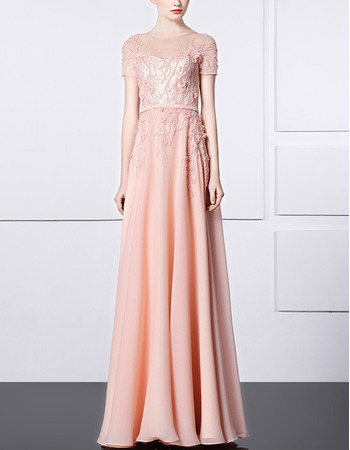 Affordable Chiffon Embroidery Formal Evening Dress with Short Sleeves