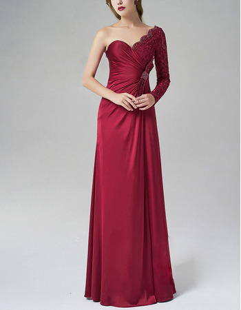 Simple Asymmetric Sweetheart Long Formal Evening Dress with Long Sleeves