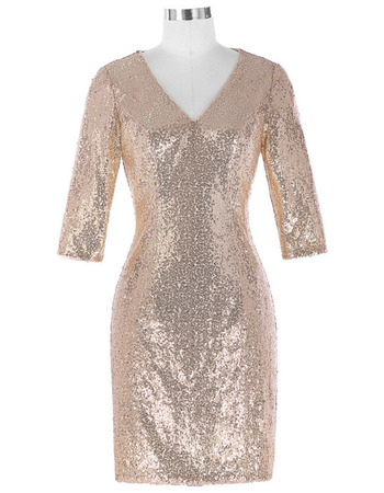 Inexpensive V-Neck Knee Length Sequin Mother Formal Dress with 3/4 Long Sleeves