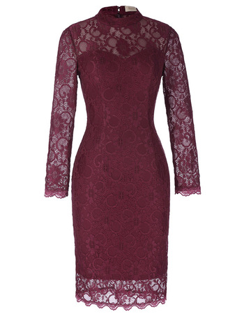 Best Mandarin Collar Knee Length Lace Mother Formal Dress with Long Sleeves