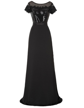 Classy Full Length Chiffon Sequin Black Mother Formal Dress with Short Sleeves