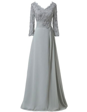 Modest V-Neck Full Length Chiffon Mother Formal Dress with 3/4 Long Sleeves