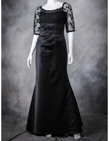 Inexpensive Full Length Satin Black Mother Formal Dress with Half Sleeves