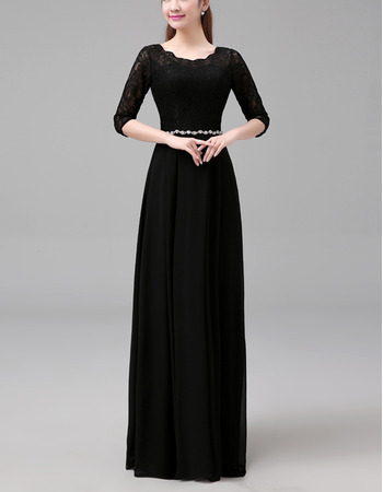 Fashionable Long Chiffon Lace Black Formal Mother Dress with 3/4 Long Sleeves