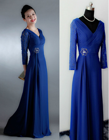 Modest V-Neck Full Length Chiffon Formal Mother Dress with 3/4 Long Sleeves