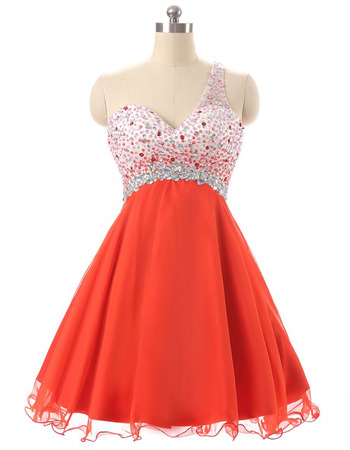 Affordable Empire One Shoulder Chiffon Rhinestone Homecoming Dress