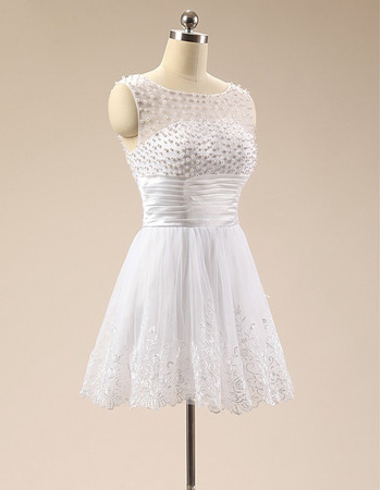 Simple Sleeveless Short White Satin Organza Beading Formal Homecoming Dress